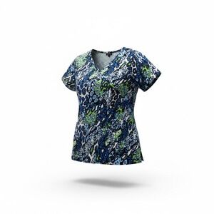 FLEX Womens Medium V Neck Short Sleeve Scrub Top Animal Print Blue Green Black